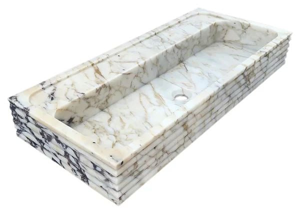 Calacatta Viola marble vessel sink with polished finish, showcasing dramatic veining and minimalist design.