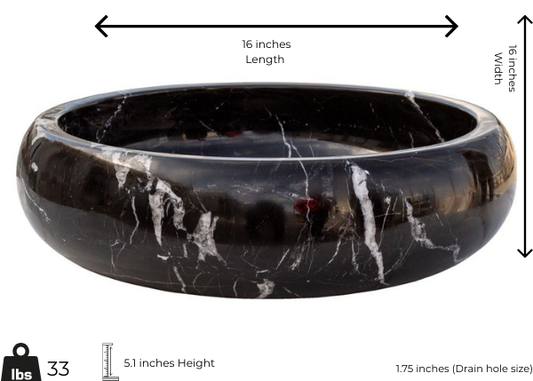 Bros Black Marble Vessel Sink, 16x16x5.1 inches, polished finish, minimalist design in natural stone.
