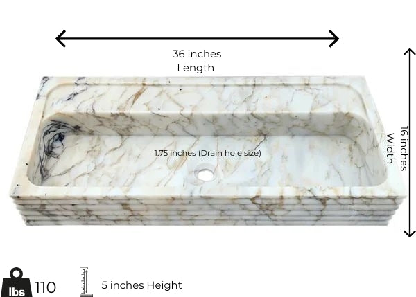 Calacatta Viola Marble vessel sink with polished finish, minimalist design, dimensions 36x16x5 inches.
