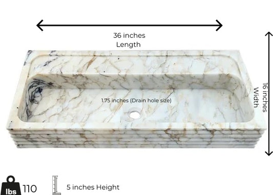 Calacatta Viola Marble vessel sink with polished finish, minimalist design, dimensions 36x16x5 inches.
