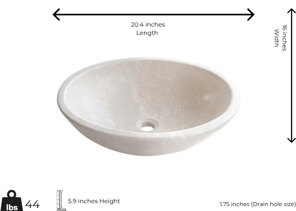 Botticino marble vessel sink with polished finish, minimalist design. Dimensions: 20.4" L x 16" W x 5.9" H.