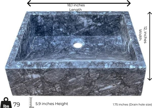 Grey marble vessel sink with polished finish, dimensions 18x12x5.9 inches, showcasing minimalist design and premium craftsmanship.