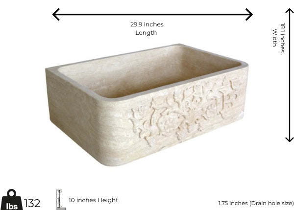 Troia Marble Sink dimensions 29.9" x 18.1" x 10" with hand-carved design, showcasing premium natural marble craftsmanship.