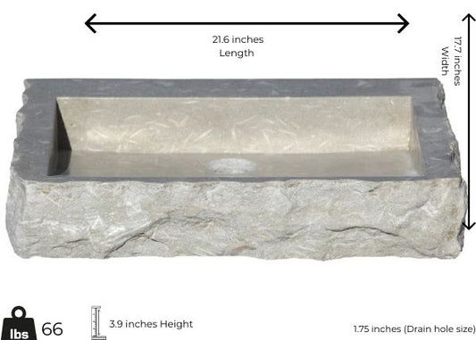 Limestone marble vessel sink with polished finish, minimalist design, dimensions 21.6" x 17" x 3.9", weighing 66 lbs.