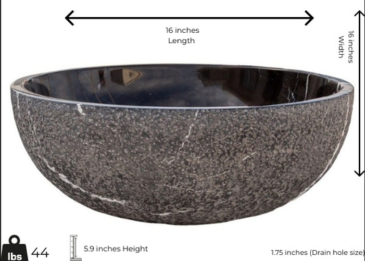 Natural Black Marble Vessel Sink with polished finish, 16 inches wide, minimalist design, 5.9 inches height.