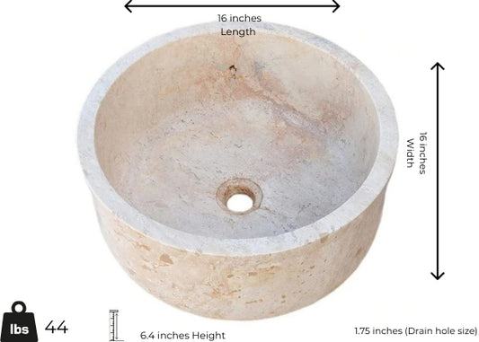 Beige travertine vessel sink with a polished finish, 16 inches wide, 6.4 inches high, showcasing minimalist design and natural stone quality.