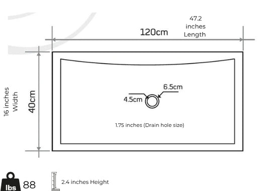 Dimensions of Seagrass Fossil Marble Vessel Sink: 120cm x 40cm x 10cm with drain hole specifications.