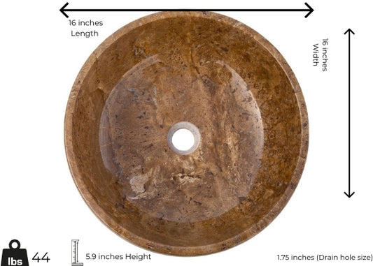 Round Noce travertine vessel sink with polished finish, dimensions 16 x 16 x 5.9 inches, showcasing natural stone elegance.