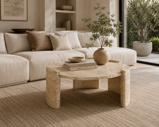 Arc Travertine Coffee Table styled in a luxury contemporary living room with natural stone details.