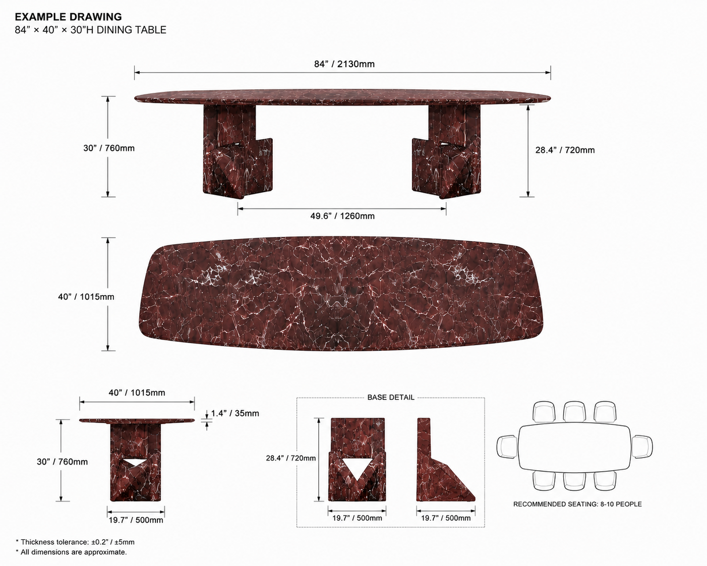 Cherry Red marble dining table dimension drawing: 84 x 40 x 30 in, 1.4 in top, 49.6 in base span