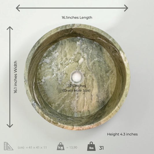 Top view of a handcrafted green marble vessel sink with polished finish, measuring 16 inches in diameter.