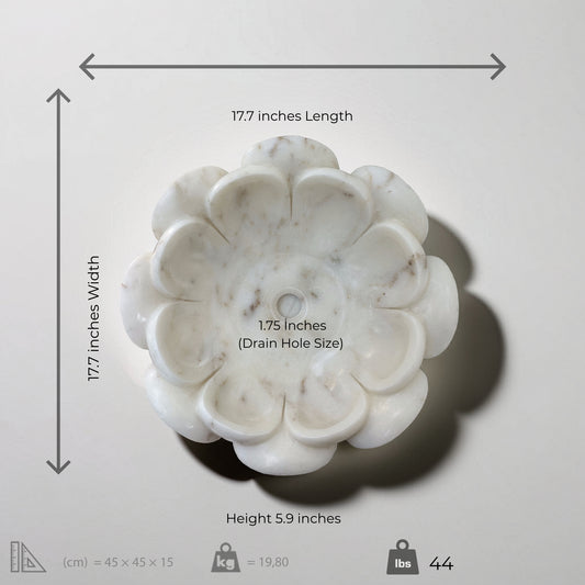White marble flower-shaped vessel sink measurements and specifications, showcasing premium craftsmanship and polished finish.