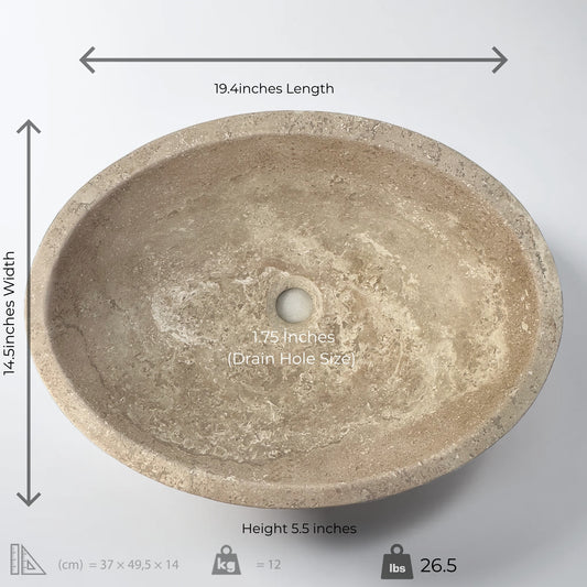 Oval Mocha Travertine Vessel Sink dimensions, crafted from natural stone with polished finish for timeless elegance.