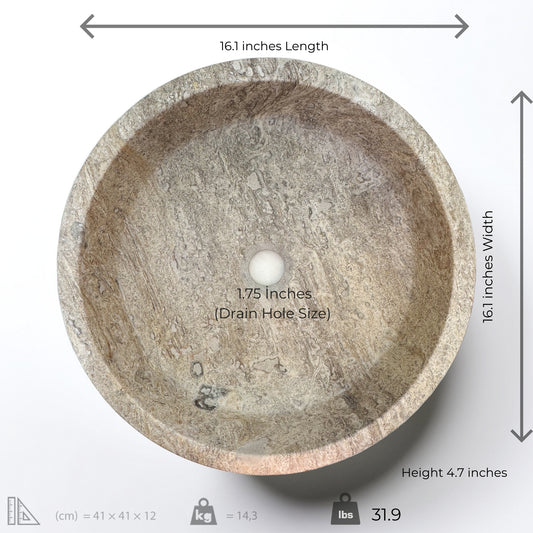 Dark Travertine Round Vessel Sink with polished finish, showcasing minimalist design, length 16.1 inches, height 4.7 inches.