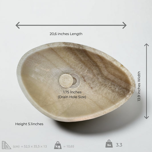 Honey Onyx Vessel Sink showcasing polished finish, minimalist design, and precise dimensions for luxurious bathroom upgrade.