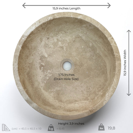 Light Travertine round vessel sink with polished finish, minimal design, 15.9" length, 3.9" height, and unique natural stone texture.