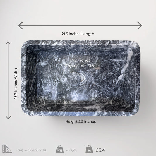 Black marble rectangular vessel sink with polished finish, highlighting minimalist design and precise measurements.