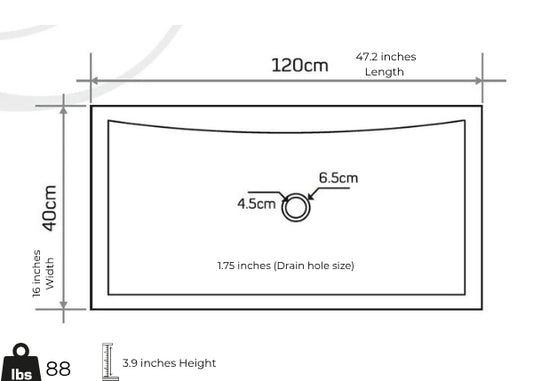 Dimensions and specifications for Troia Travertine Vessel Sink showcasing its minimalist design and polished finish.