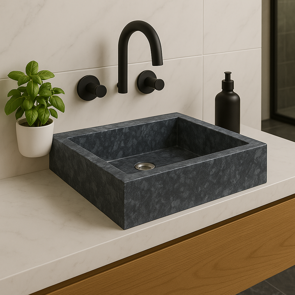 Grey marble vessel sink with polished finish, showcasing minimalist design and elegance in a modern bathroom.
