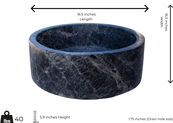 Sirius Black Marble Vessel Sink with polished finish, minimalist design, 16.5 inches wide and 5.9 inches high.
