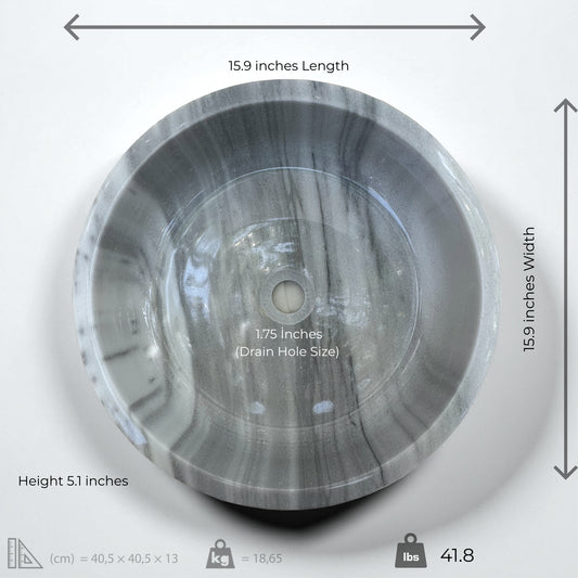Gray Marmara cylindrical vessel sink dimensions showing polished marble finish and minimalist design.