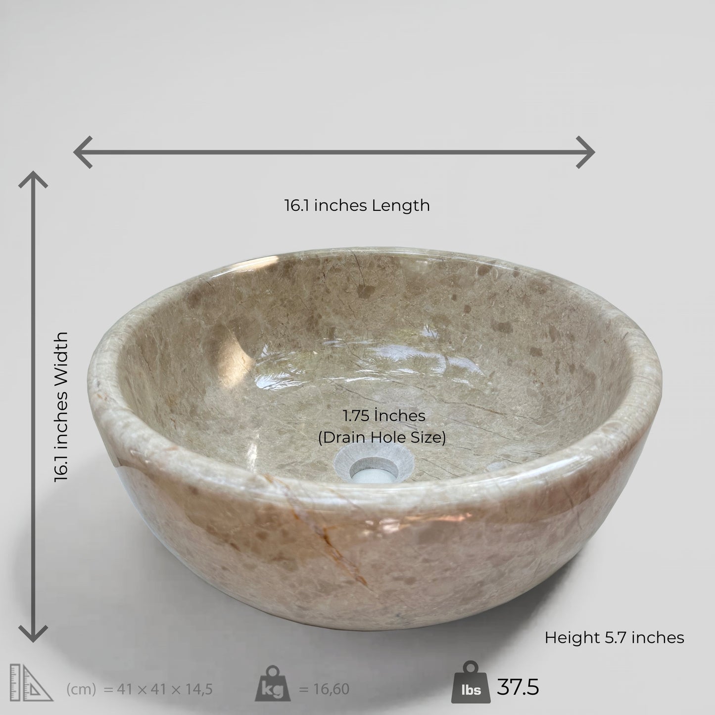 Beige marble vessel sink features a polished finish, measuring 16.1 inches in length and 5.7 inches in height.