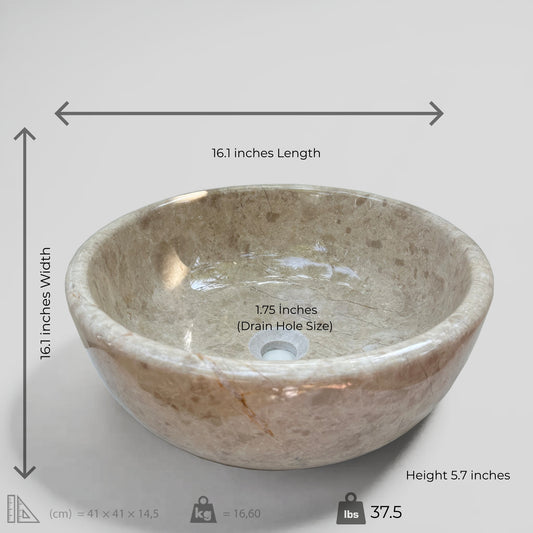 Beige marble vessel sink features a polished finish, measuring 16.1 inches in length and 5.7 inches in height.