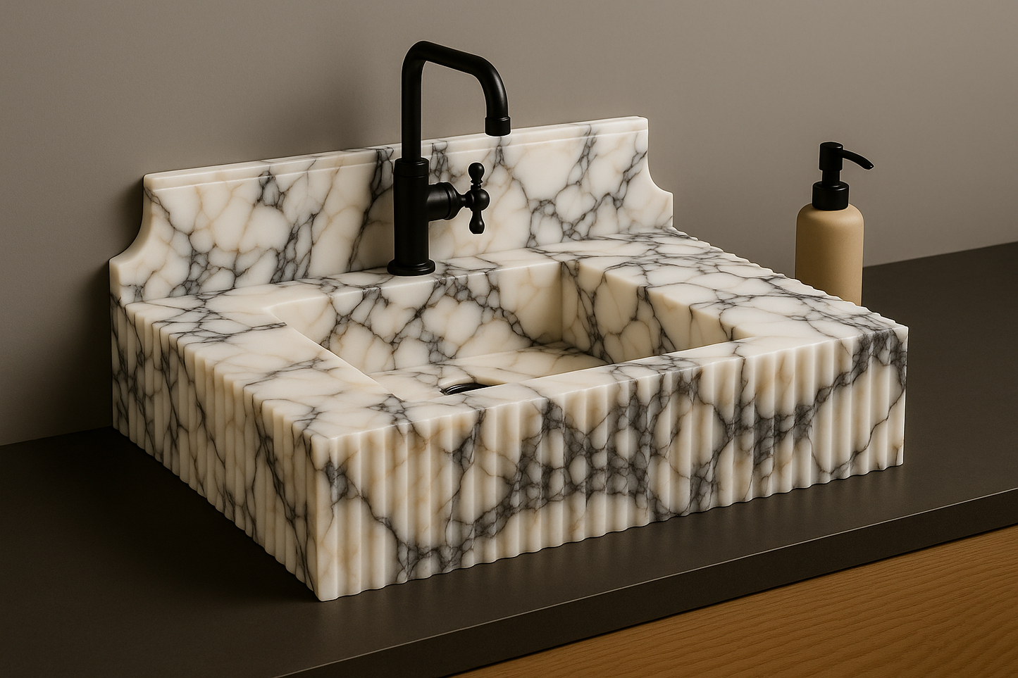 Marble-patterned sink with black faucet on a dark countertop.