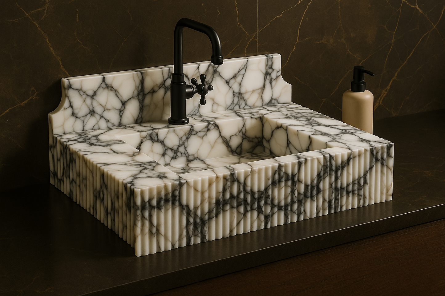 Marble-patterned sink with black faucet on a dark background