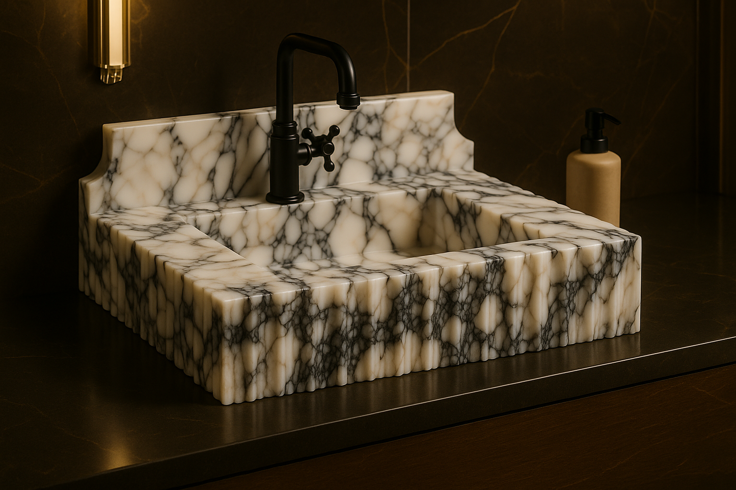 Marble sink with black faucet in a bathroom setting