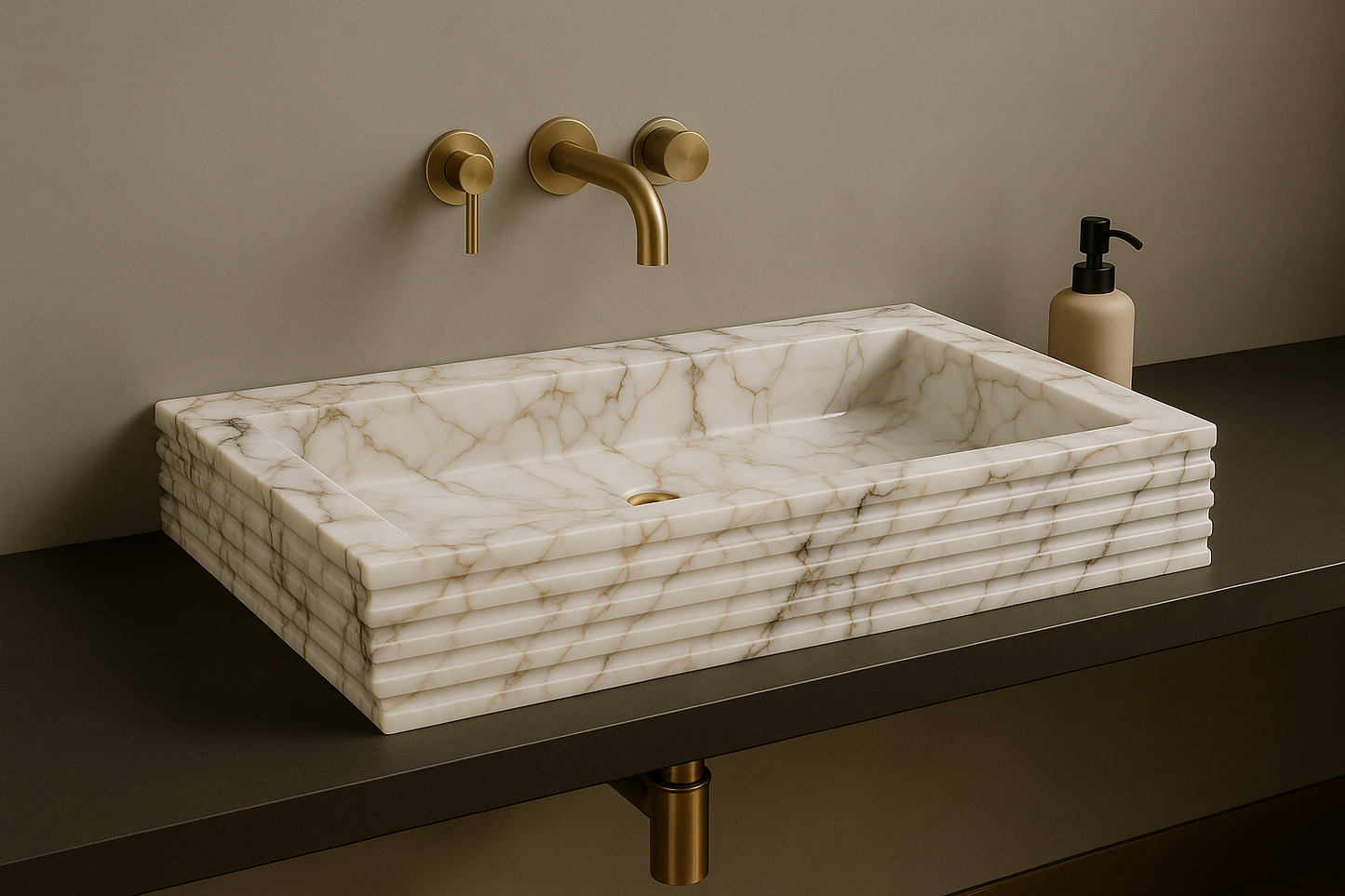 Marble sink with gold fixtures on a dark countertop against a beige wall.