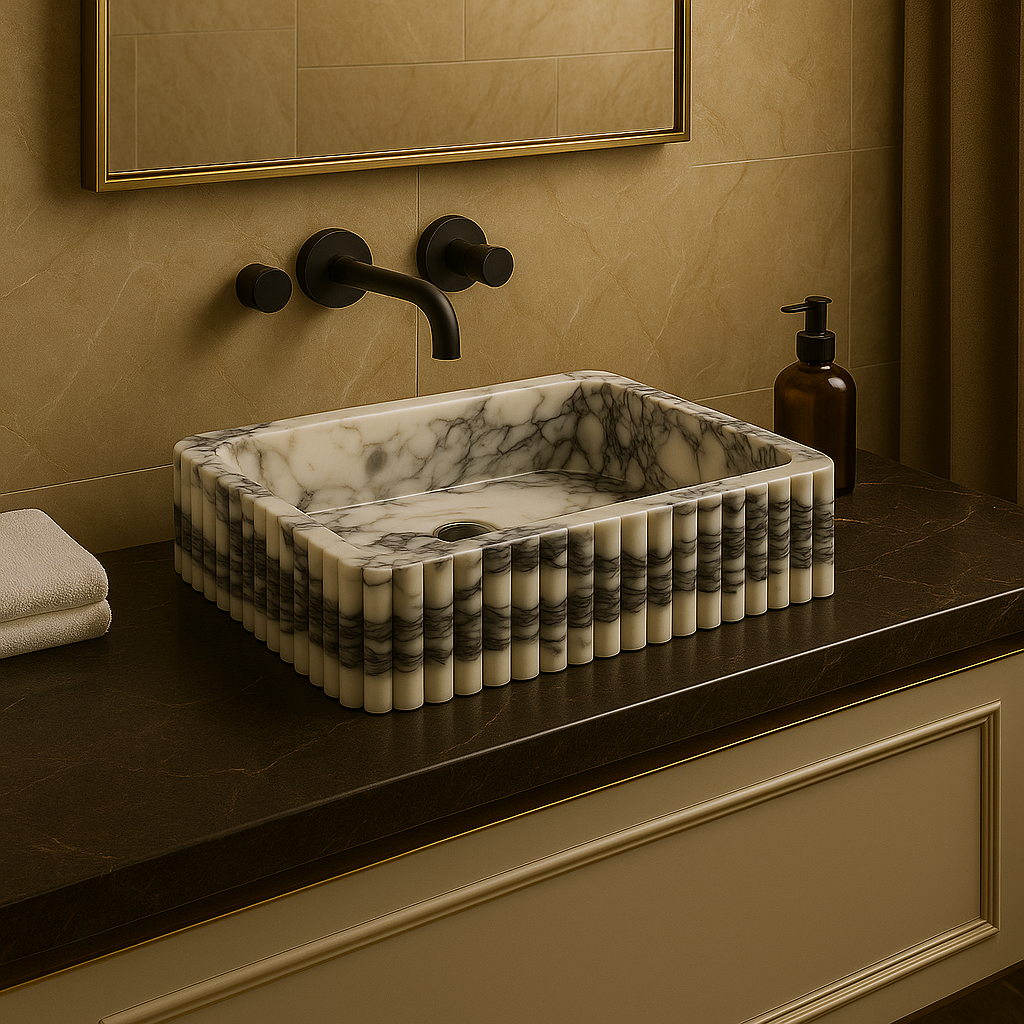 Marble-patterned sink on a bathroom counter with a mirror and soap dispenser.