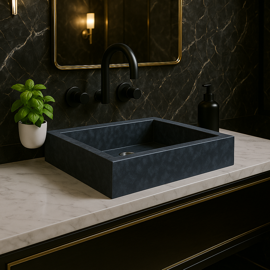 Black rectangular sink on a marble countertop with a dark marble wall and mirror.