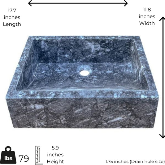 Marble sink with dimensions labeled on a white background