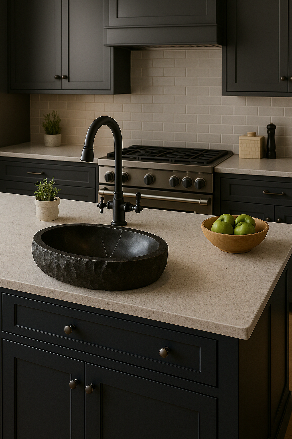 Modern kitchen with black sink and countertop