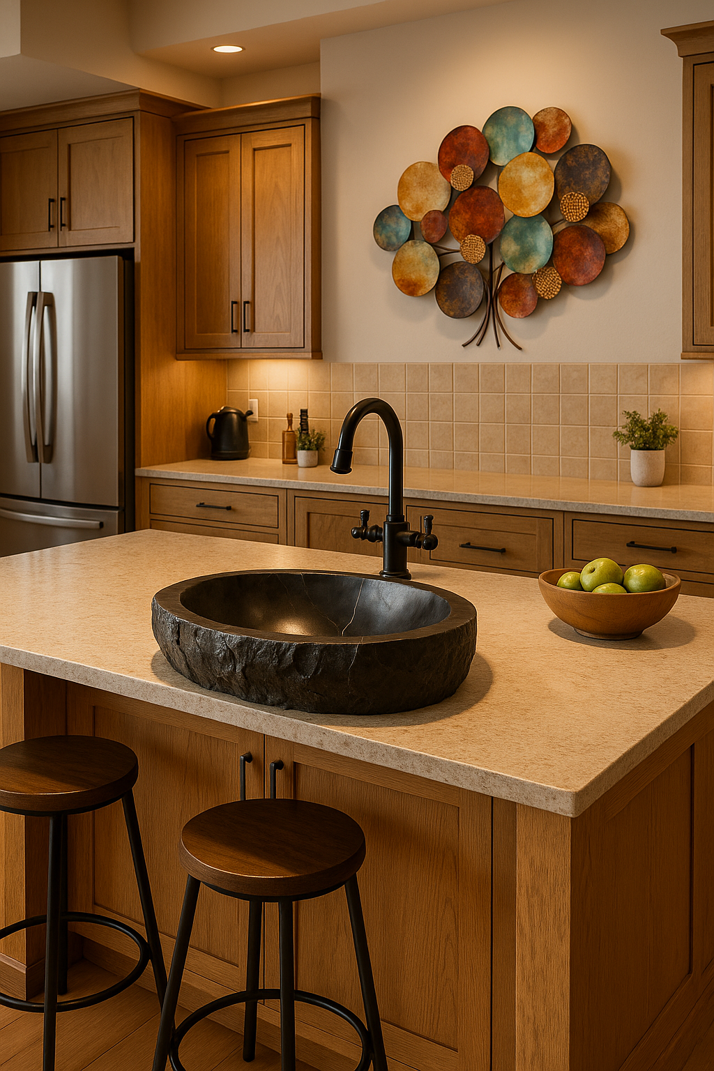 Modern kitchen with a stone sink, wooden cabinets, and decorative wall art.