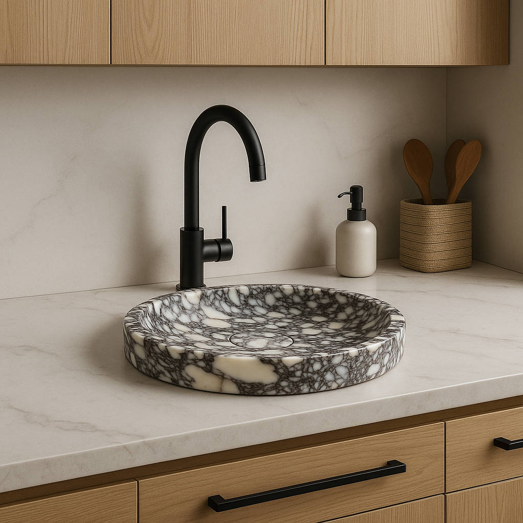 Marble sink with black faucet in a kitchen setting