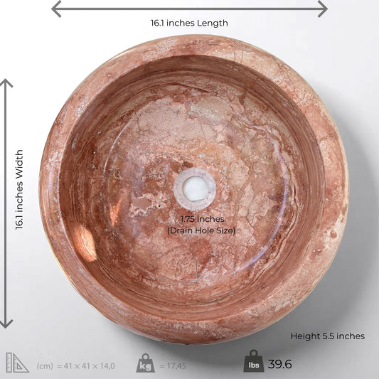 Top view of a red travertine round vessel sink showcasing its polished finish and unique natural design, dimensions included.