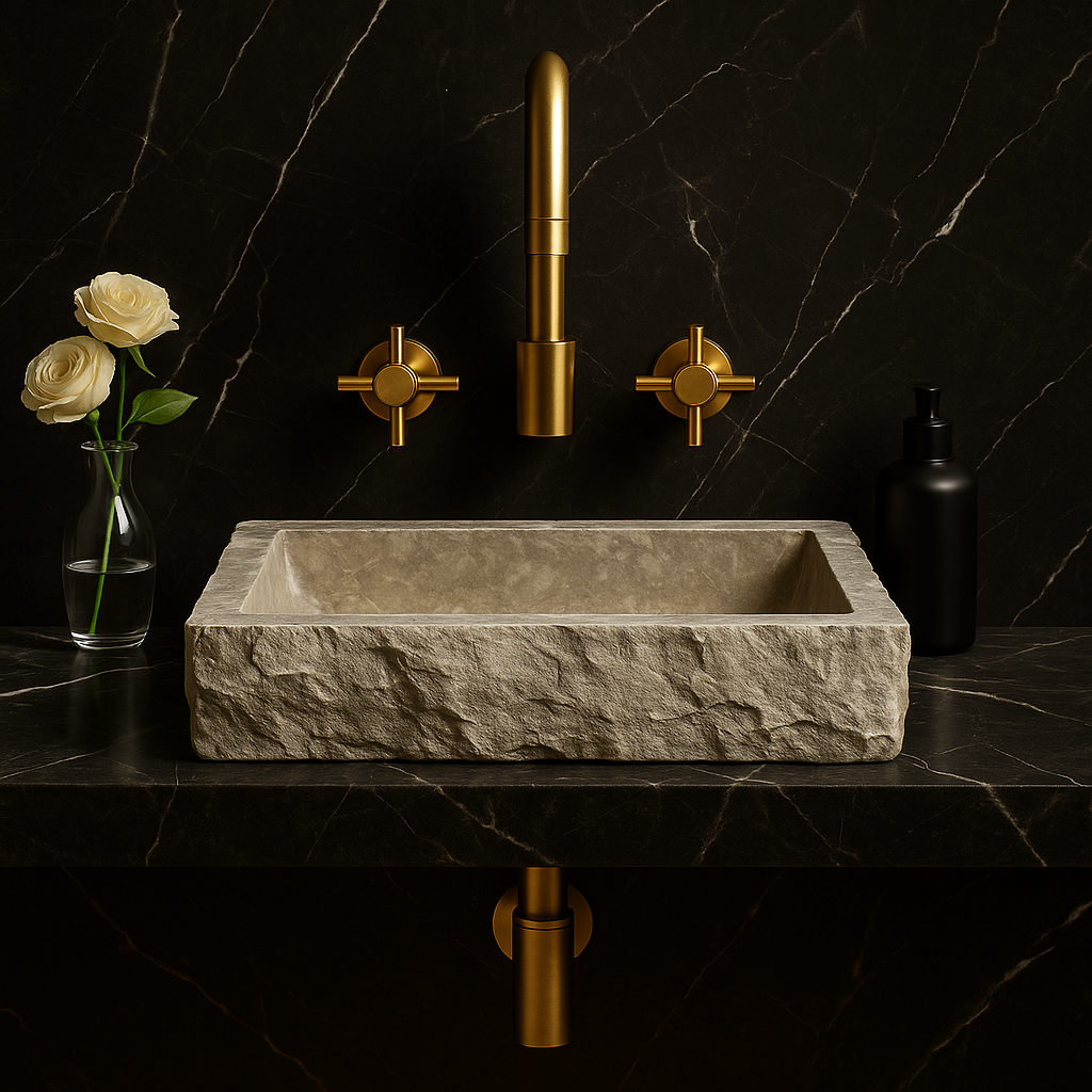 Limestone marble vessel sink with polished finish, featuring minimalist design and elegant gold fixtures.