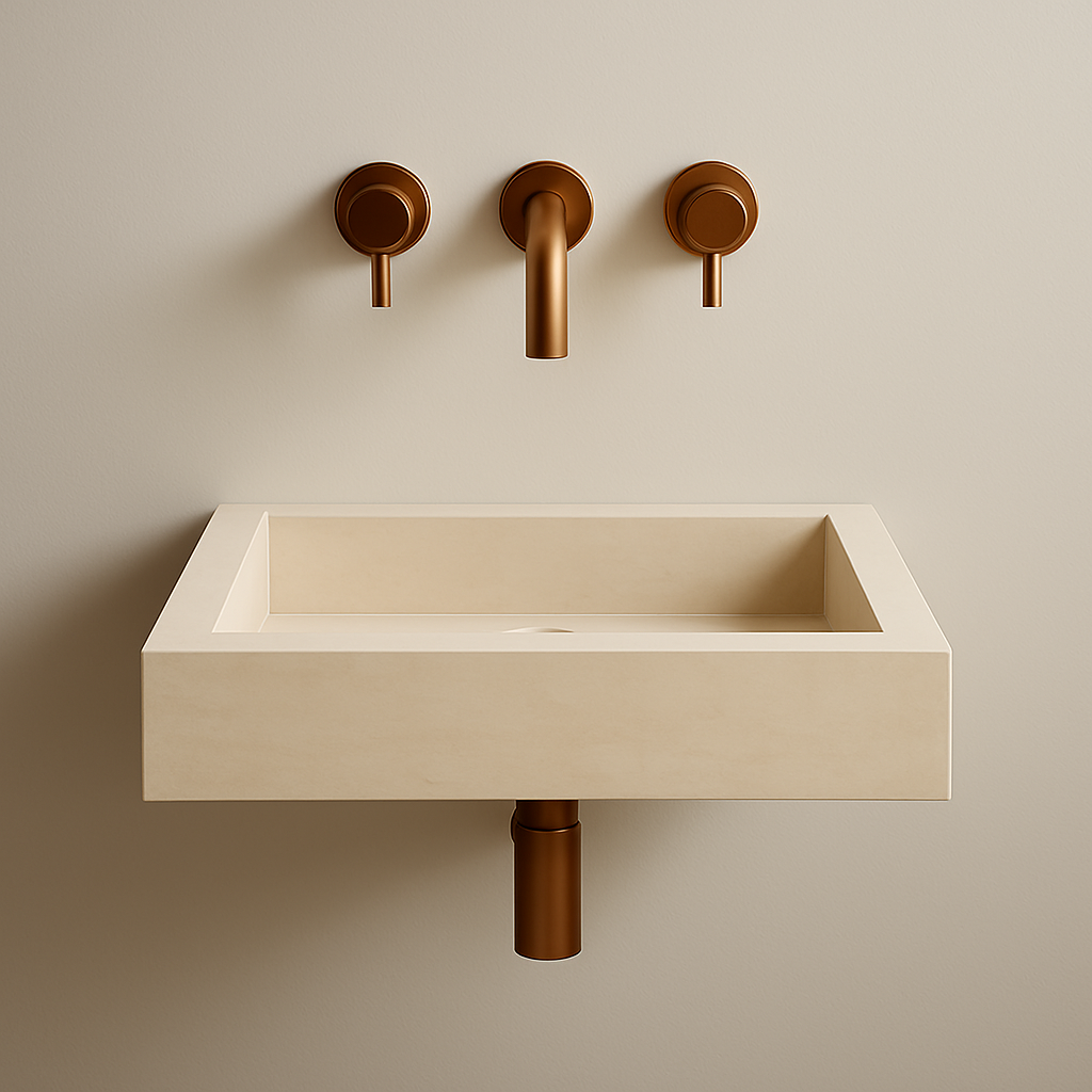 Light travertine marble vessel sink with polished finish, featuring minimalist design and elegant bronze fixtures.