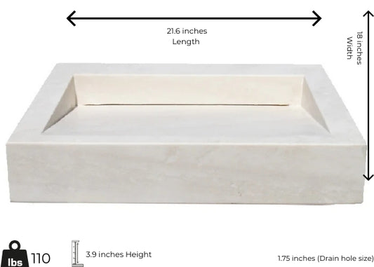Light travertine marble vessel sink with polished finish, minimalist design, dimensions: 21.6" x 18" x 3.9".