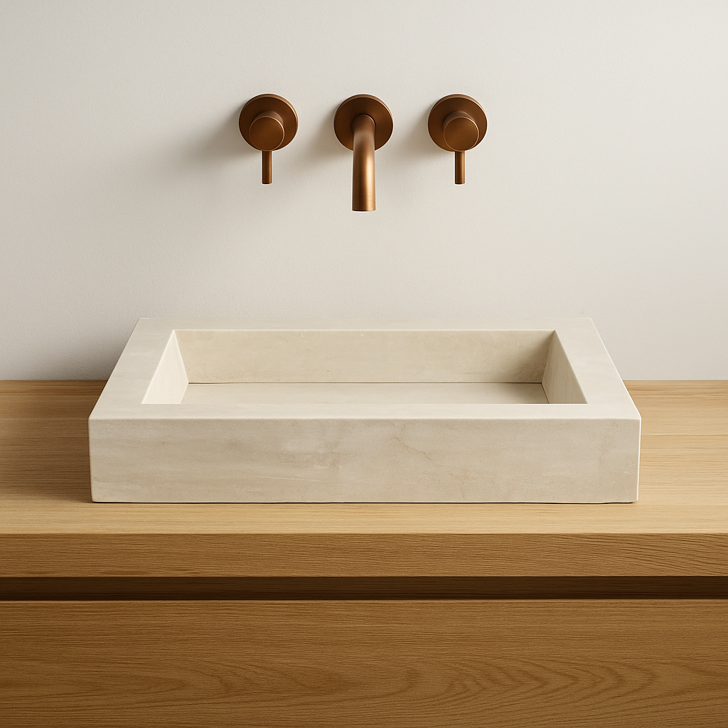Light travertine marble vessel sink with polished finish, featuring minimalist design on wooden countertop.