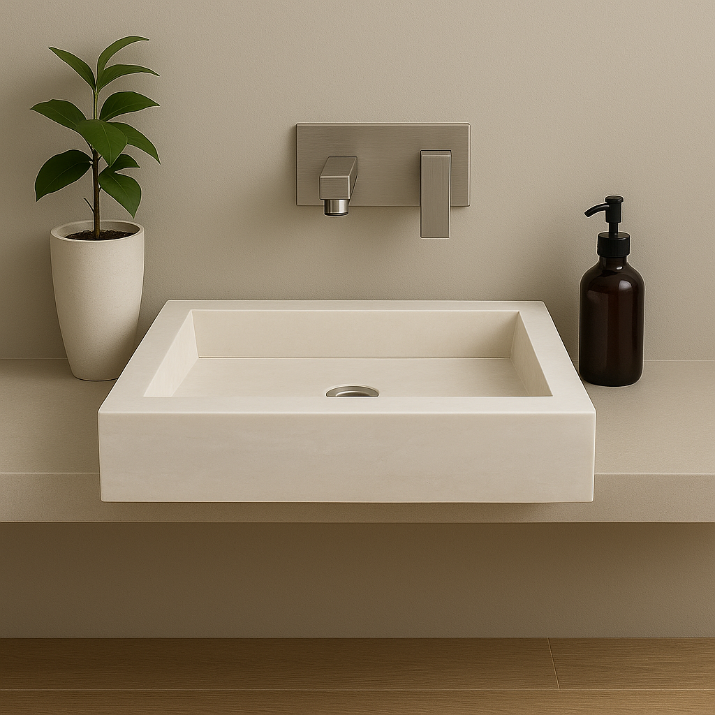 Light travertine marble vessel sink with polished finish, minimalist design on a modern bathroom countertop.