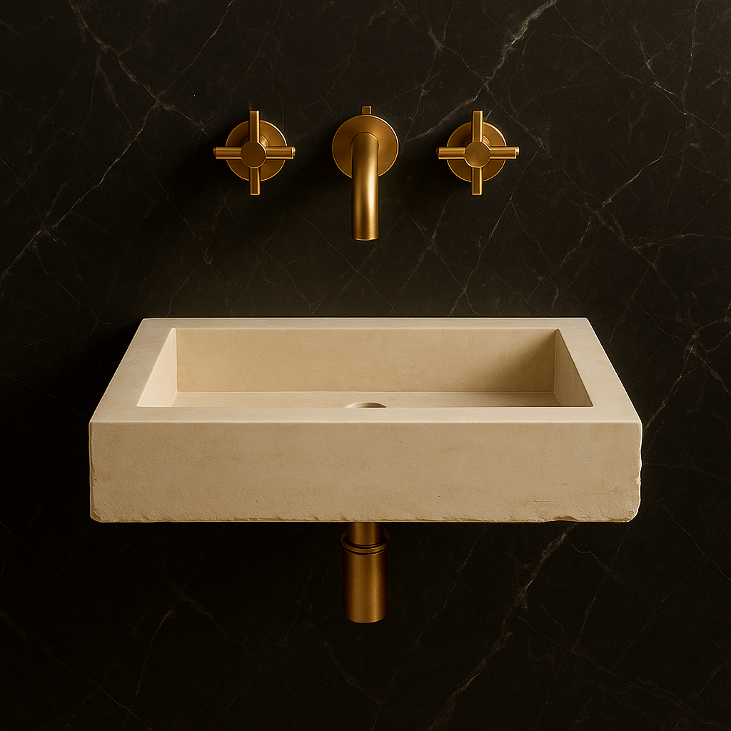 Light travertine marble vessel sink with polished finish and minimalist design, paired with stylish gold faucet and handles.