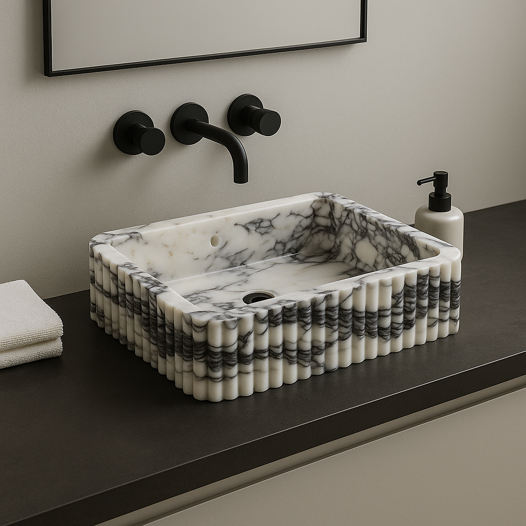 Marble-patterned sink on a dark countertop with black fixtures.
