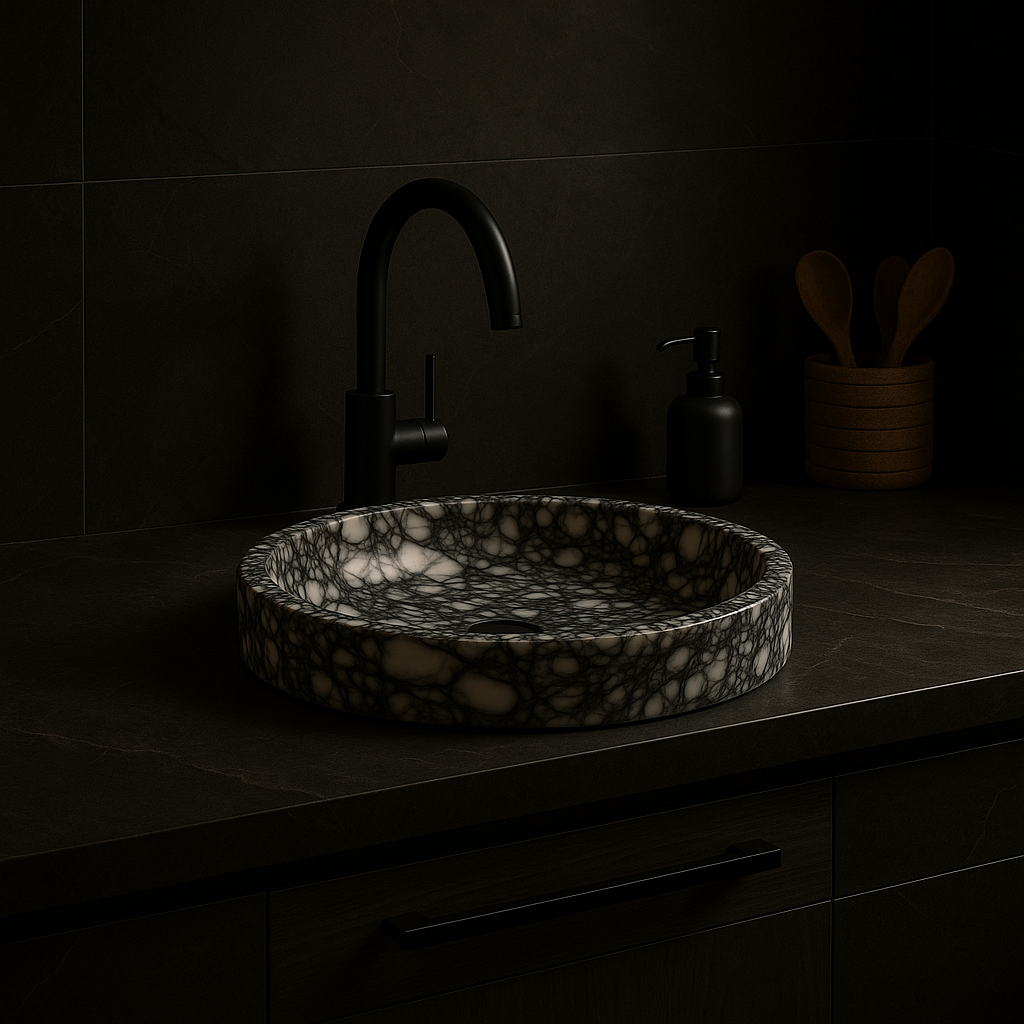 Marble-patterned sink on a dark countertop with a black faucet.