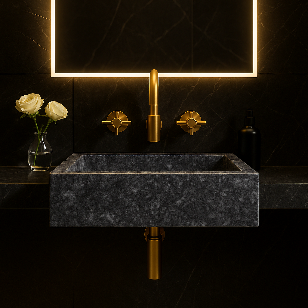 Grey marble vessel sink with polished finish in minimalist bathroom design featuring gold fixtures.