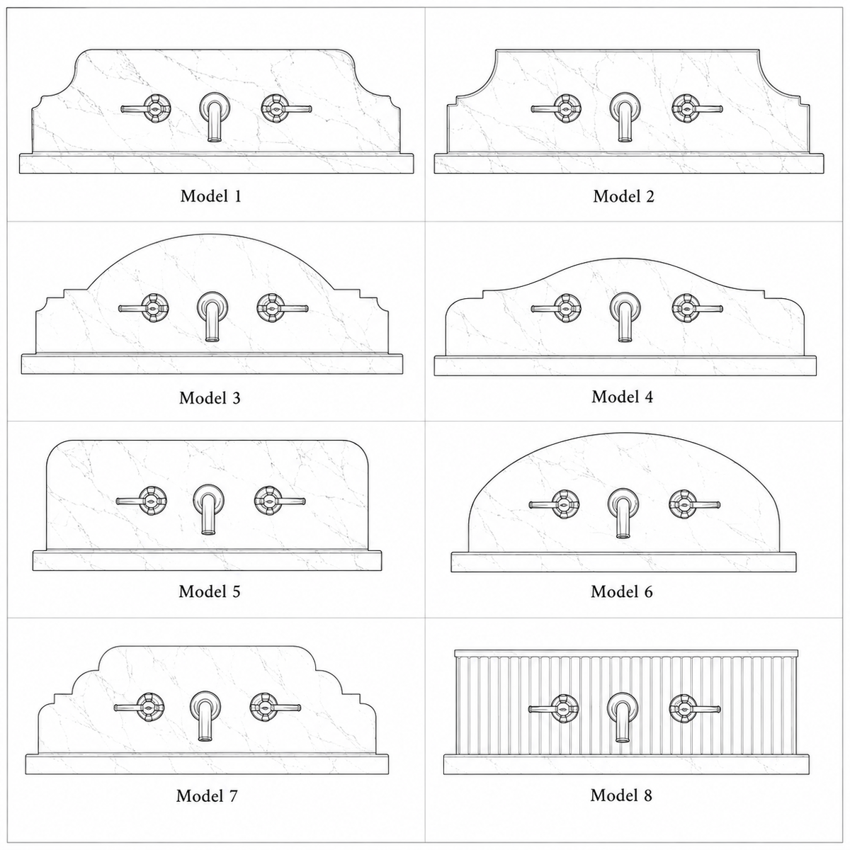 BROSMARBLE backsplash model chart — eight backsplash profiles (Model 1 to Model 8) available for wall-mounted marble sinks