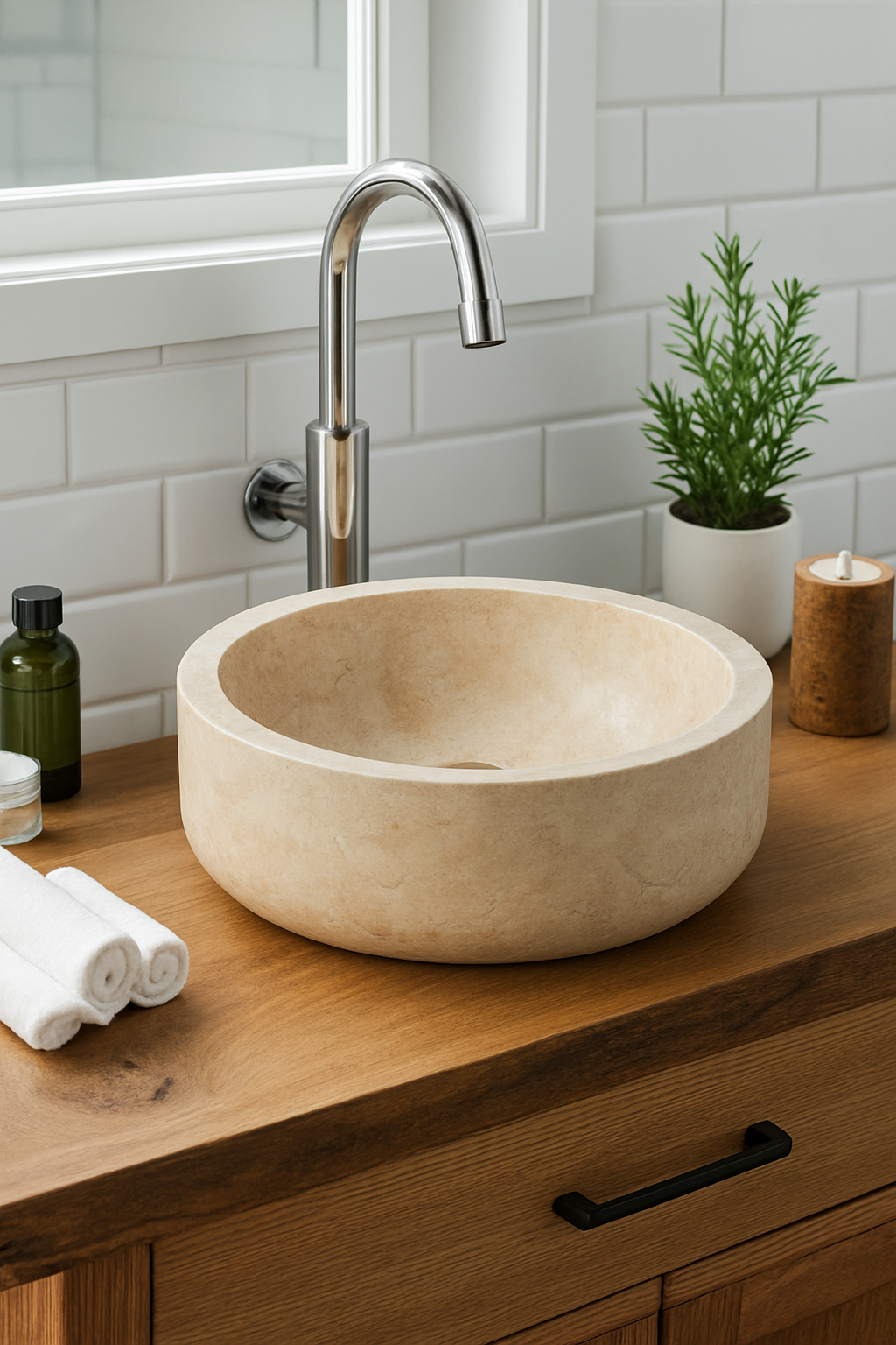 Beige travertine vessel sink on wooden countertop, showcasing minimalist design and polished finish for luxury bathrooms.