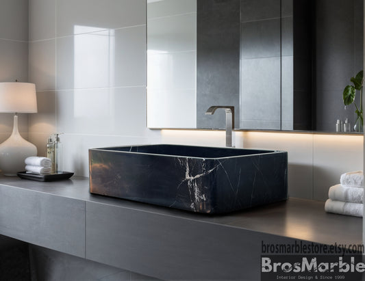 Custom Black Marble Vessel Sink ā carved from a single block of natural stone, no two pieces alike